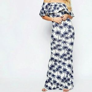 Palm print off shoulder maxi dress XS